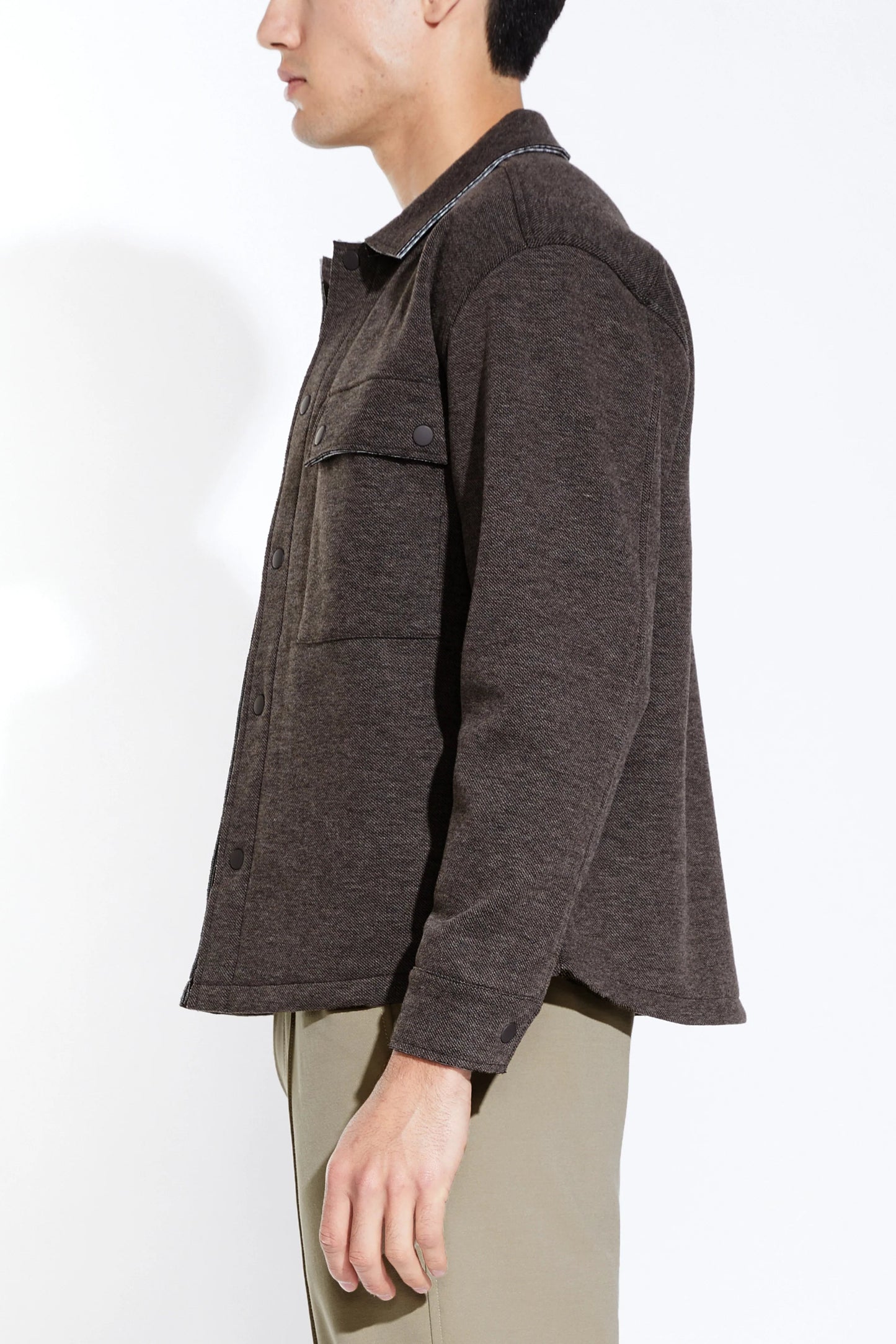 JASPER BOXY CROP KNIT SHACKET IN HEATHER DARK BROWN SIDE VIEW