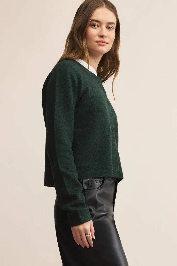 Dark green cardigan with V-neck and long sleeves, ribbed cuffs and hem