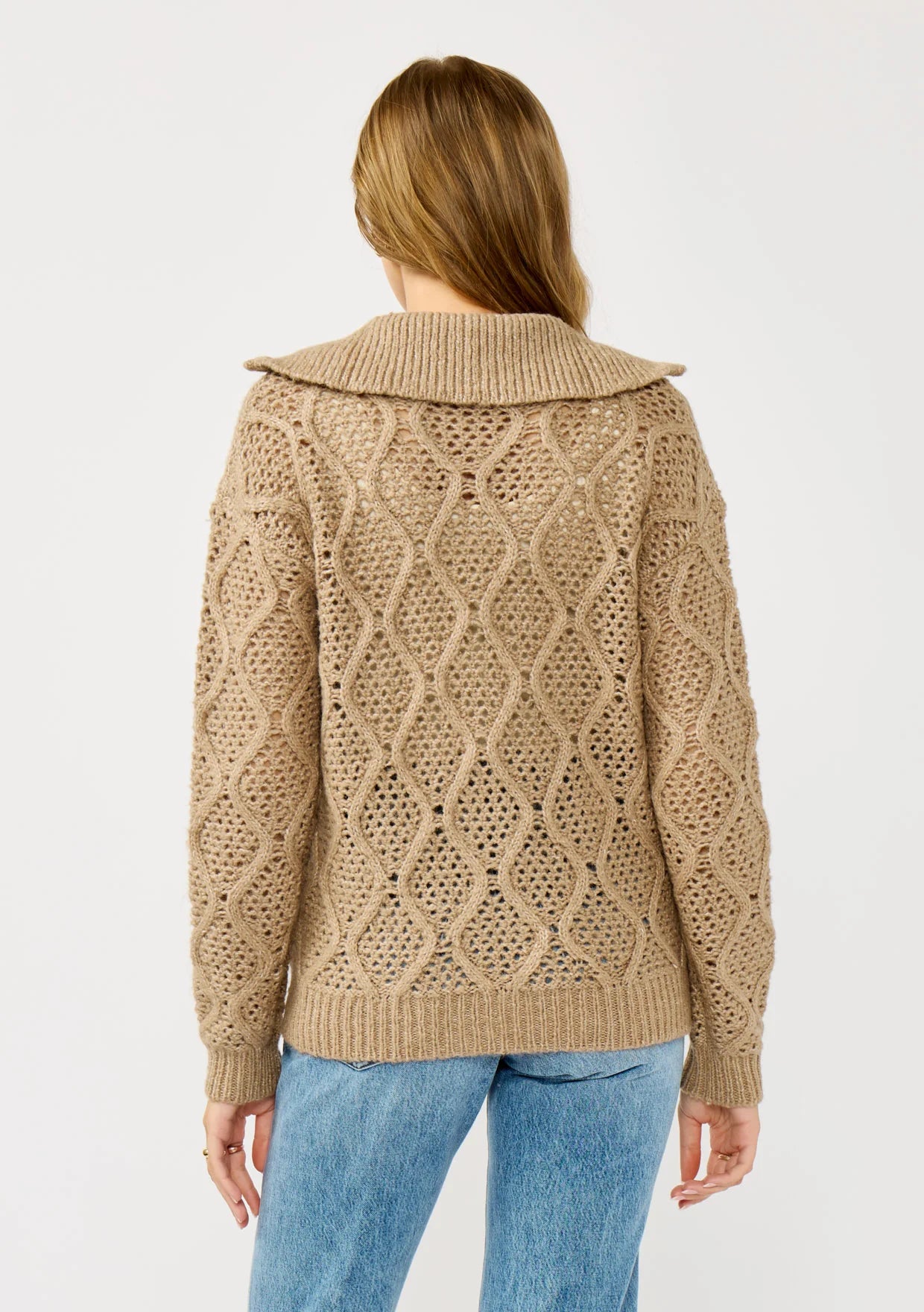 Open Cable Knit Cardigan Sweater Jacket in mocha back