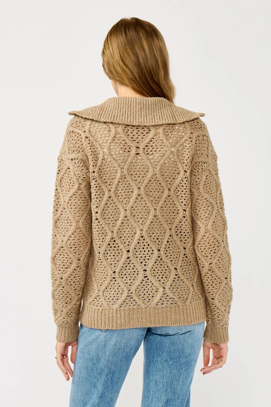 Mocha cabled knit sweater jacket, ribbed shawl collar and cuffs, open back view