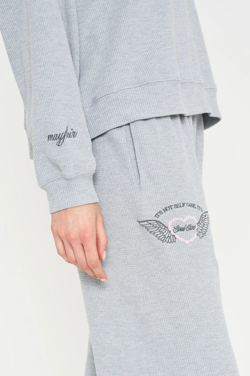 SOUL CARE WIDE LEG SWEATPANTS IN RELAXED WAFFLE DETAIL VIEW
