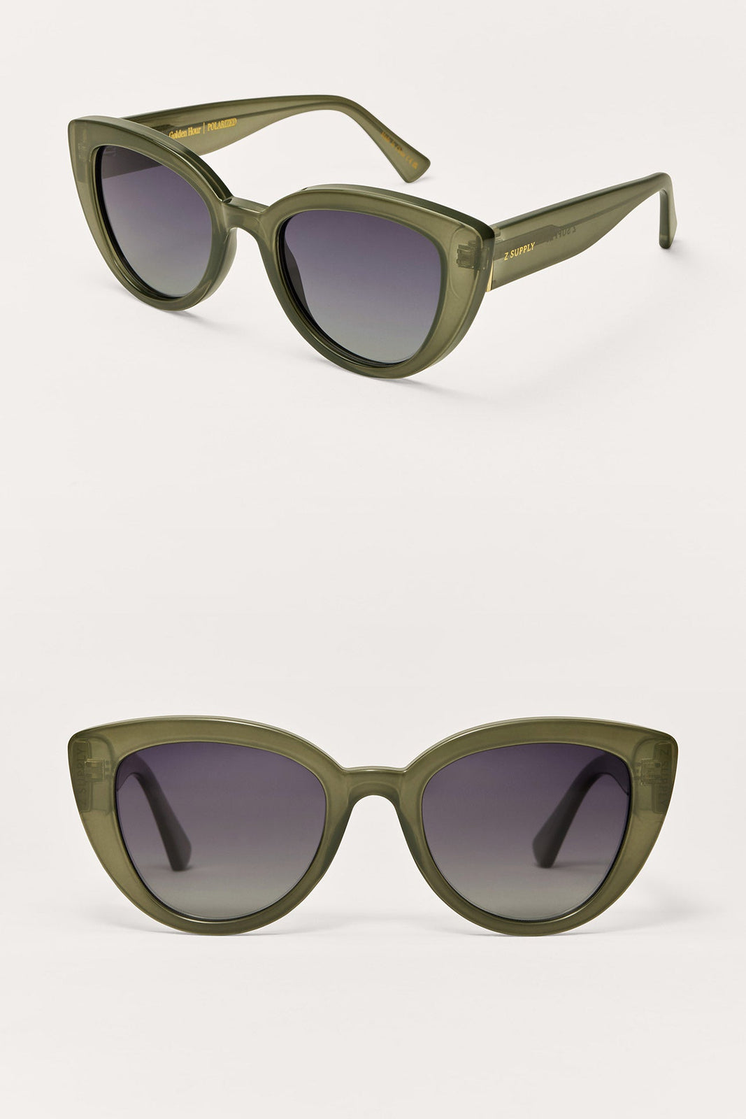 Olive cat-eye sunglasses with gradient polarized lenses and slim temple arms