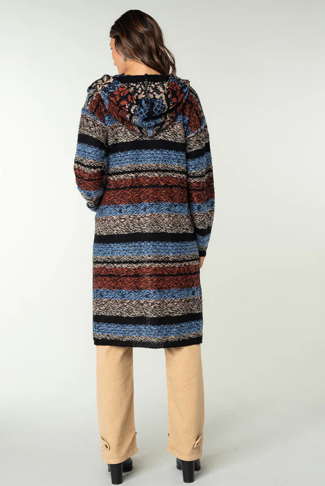 STRIPED HOODIE CARDIGAN IN BLUE/RUST BACK VIEW