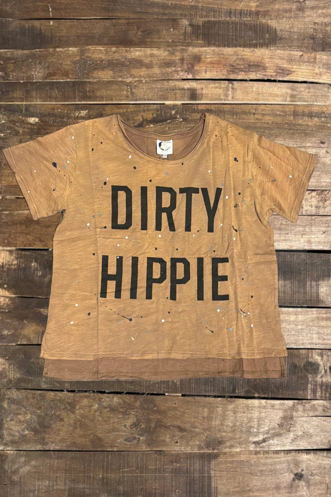 Dirty Hippie tee, vintage brown crewneck with DIRTY top and HIPPIE bottom print, short sleeve