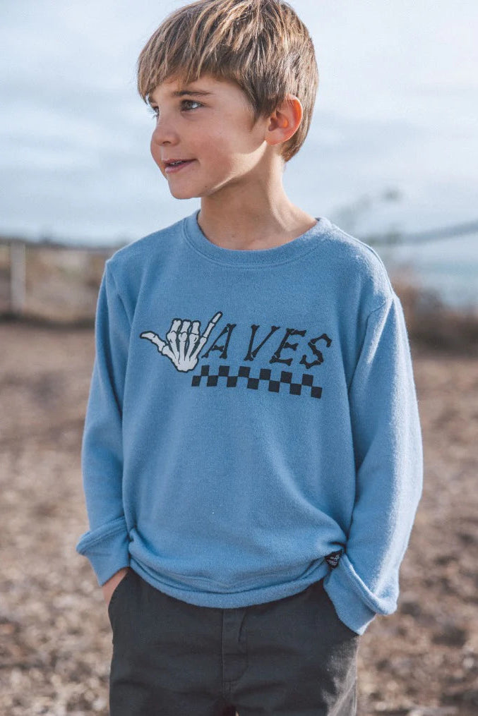 WAVES HACCI PULLOVER IN FADED DENIM FRONT VIEW