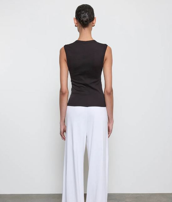 Black sleeveless top with racerback and straight hem