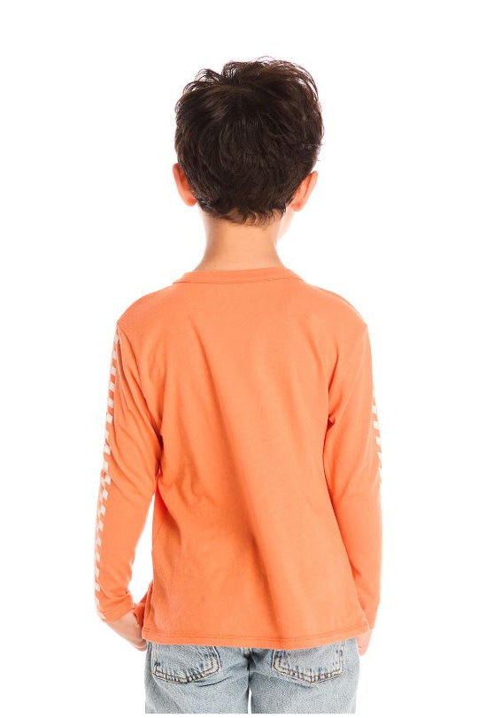Orange long-sleeve tee with back graphic stripe pattern