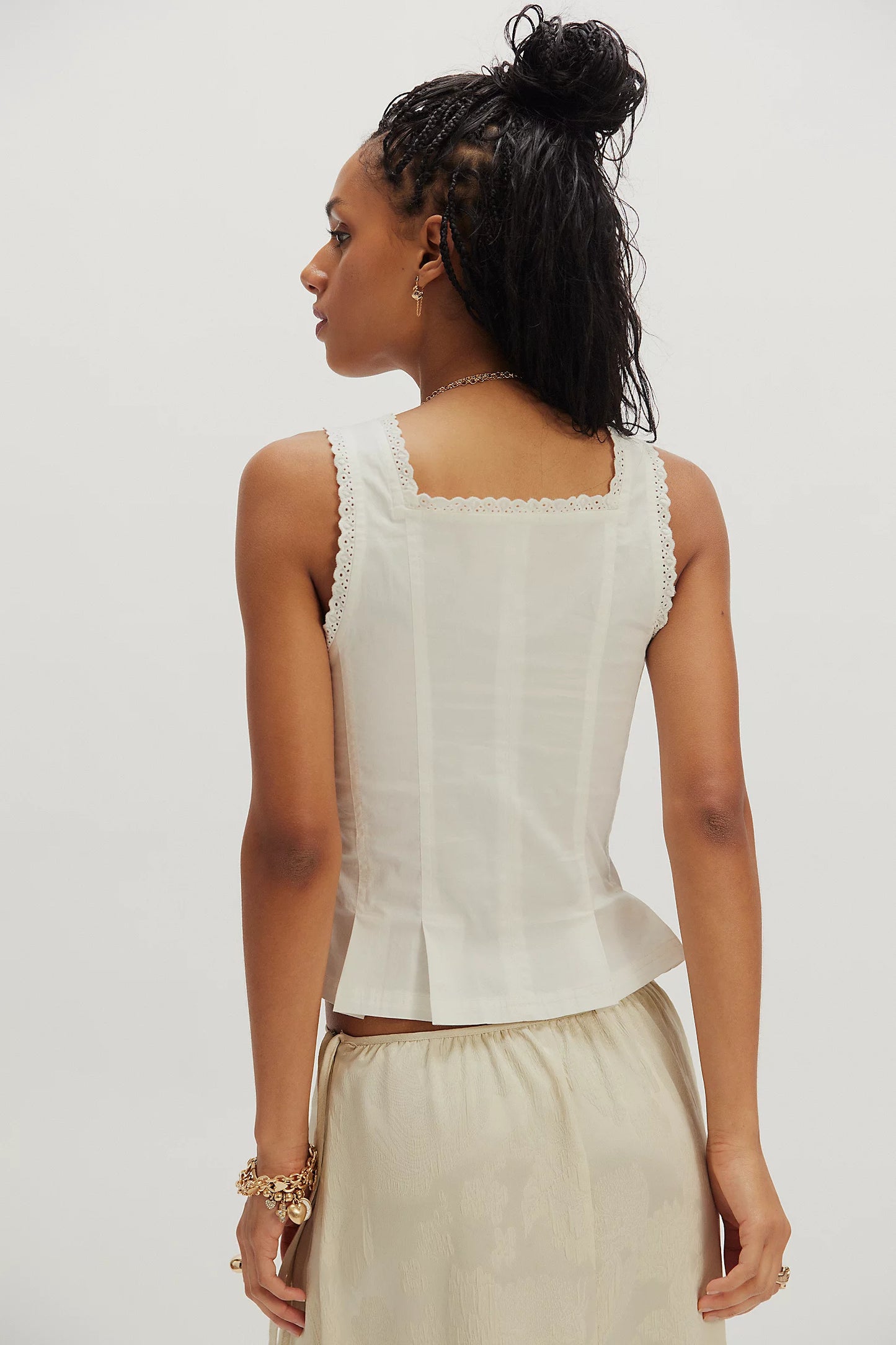 Ivory corset top, lace-trim square back and fitted seams