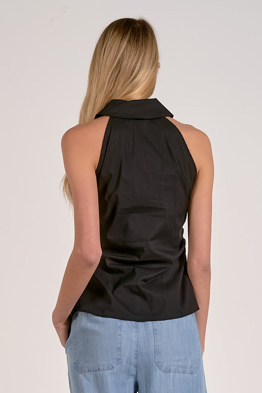 Black sleeveless top with high back neckline and curved hem