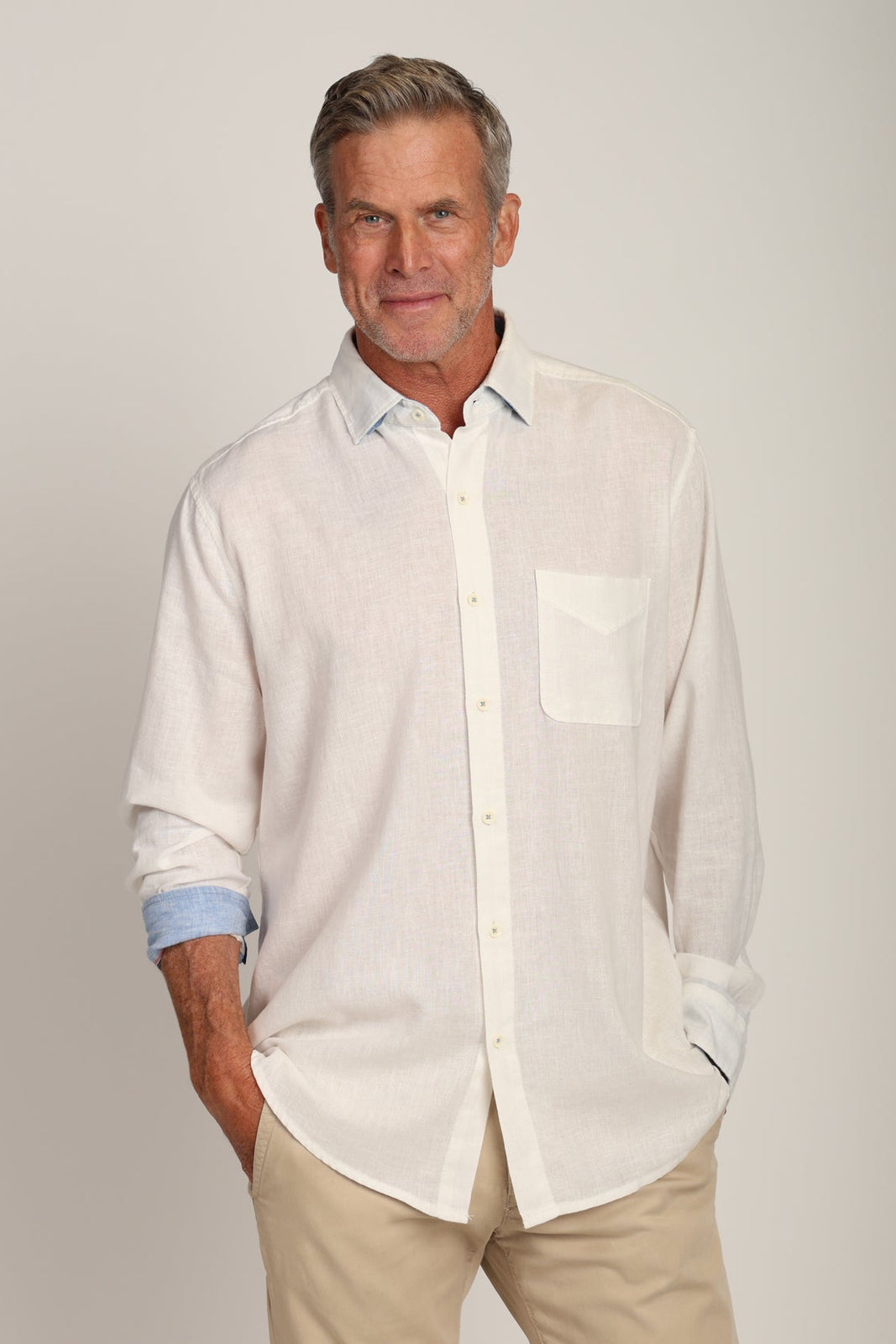 Long sleeve pocket shirt, white button-up with chest pocket and button placket