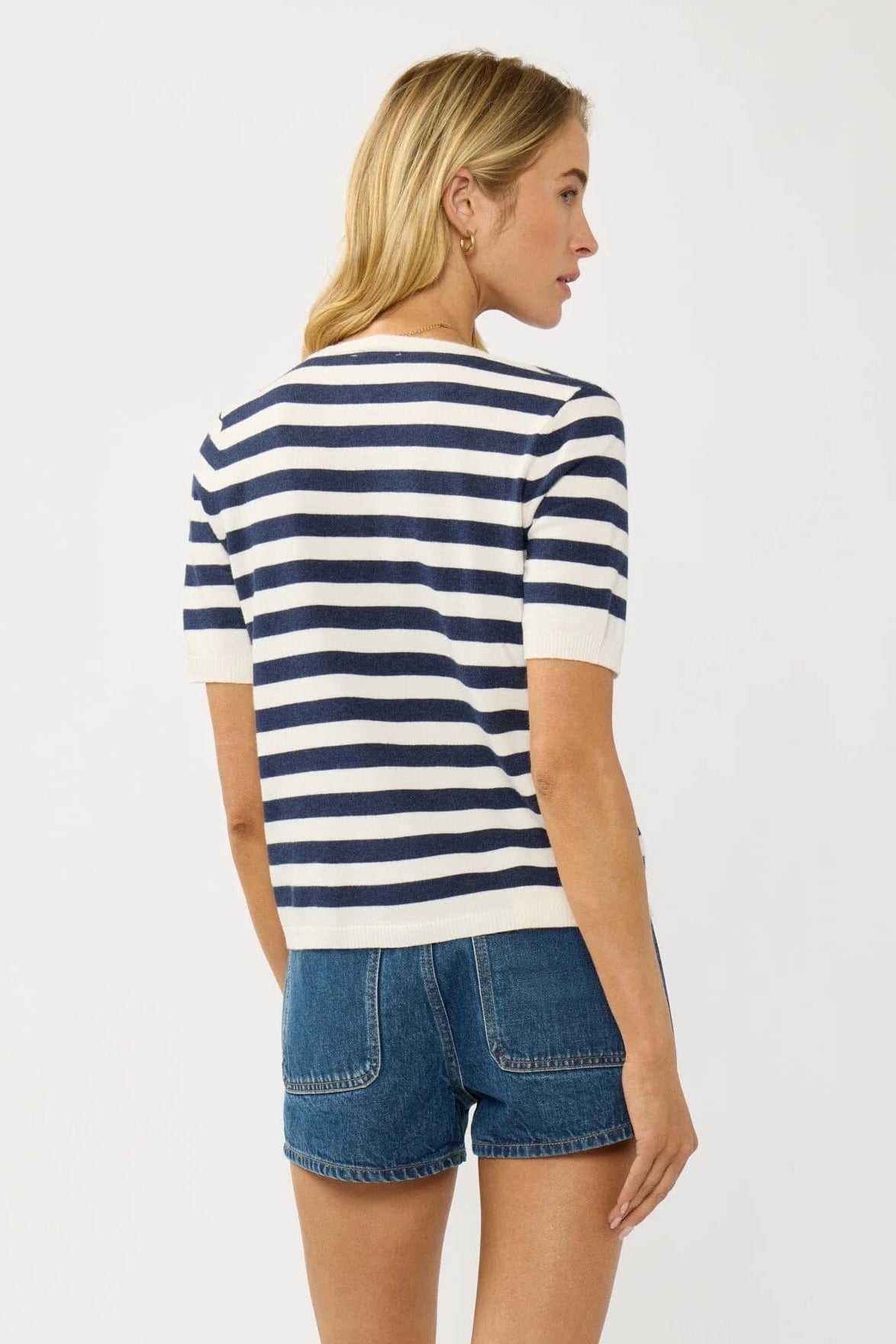 Cream and navy striped polo top, back view with short sleeves