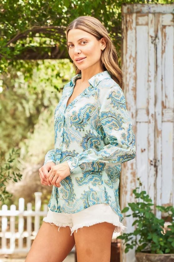 Voile long sleeve shirt in turquoise side view