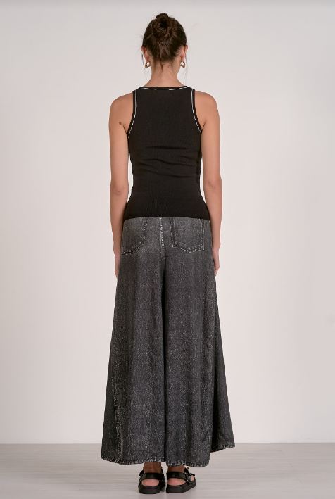 Black knit tank top with contrast white racerback trim, back view, ribbed hem