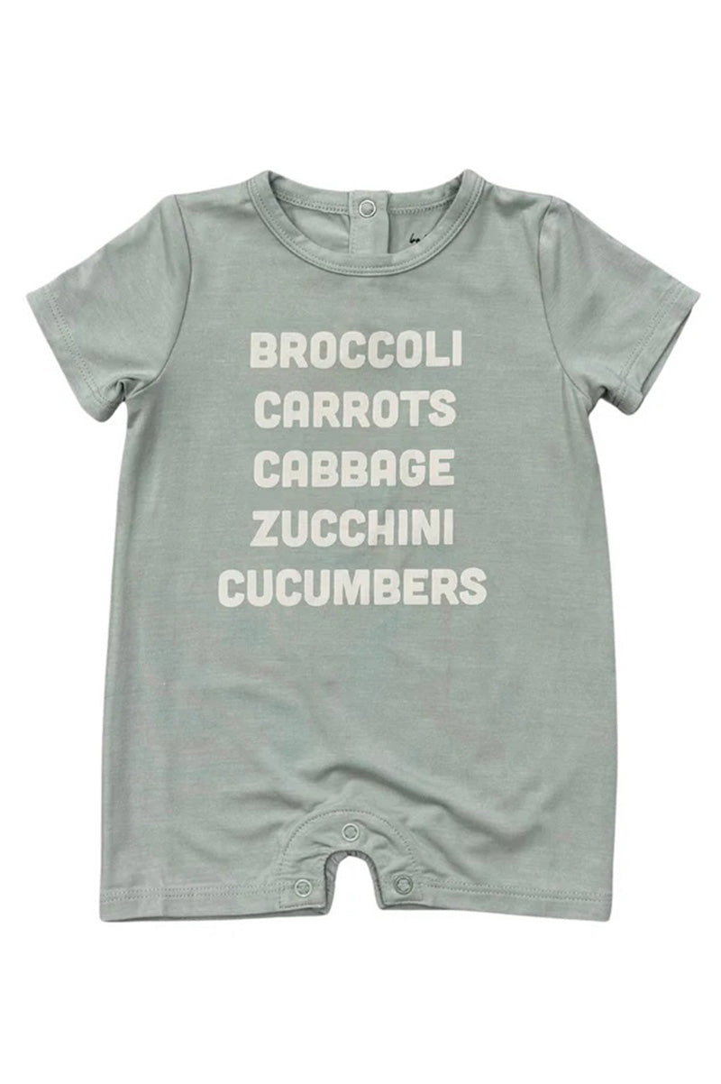 Tee romper text says broccoli, carrots, cabbage, zucchini, cucumbers in a pale green