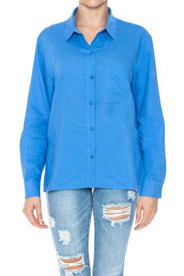 Blue linen mix long sleeve shirt with button front and pointed collar