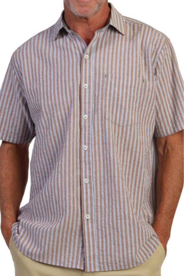 Short sleeve pocket shirt close-up, vertical stripe button placket
