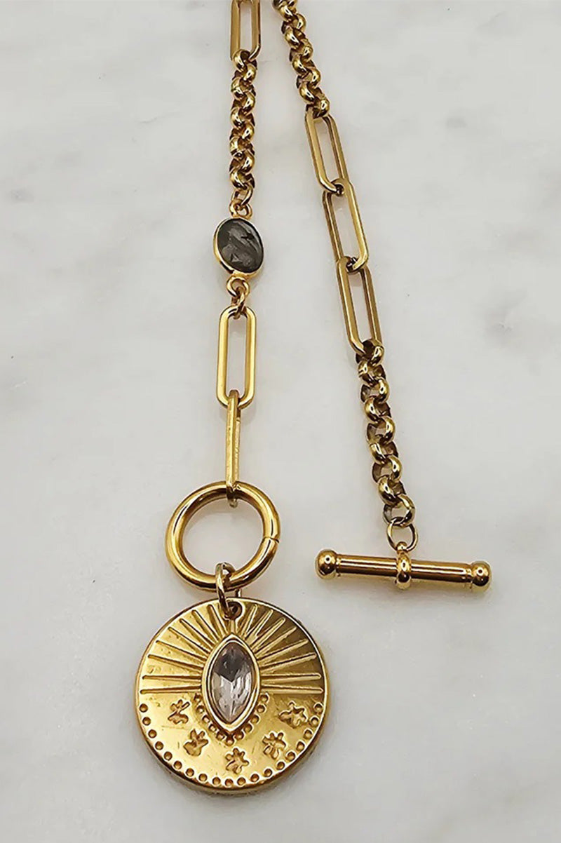 CZ Medallion toggle necklace in gold clasp