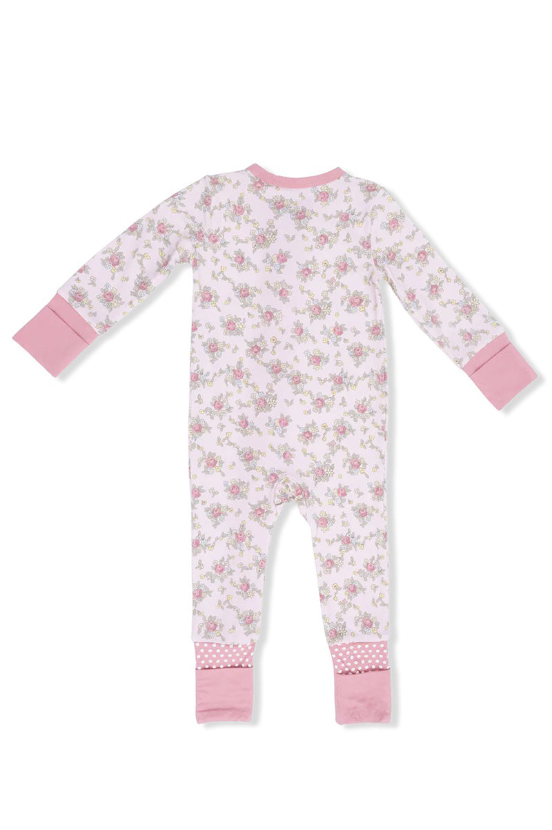 Convertible romper in ediths rose garden back view