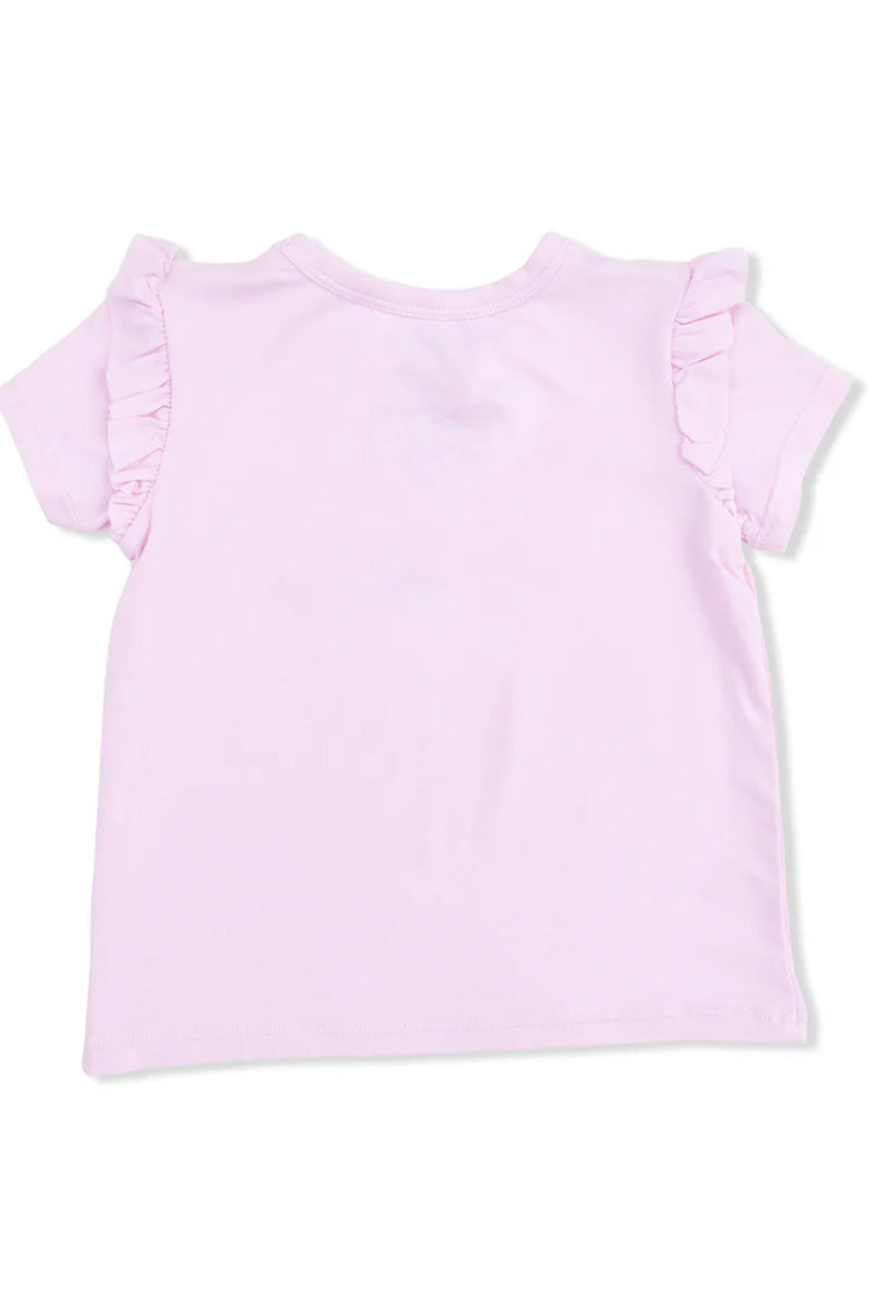 Pink ruffle-sleeve tee, back view, plain