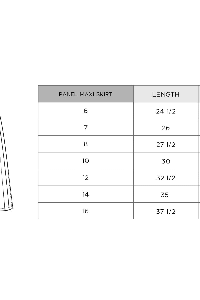 Maxi skirt size chart with sizes 6–16 and lengths 24 1/2–37 1/2