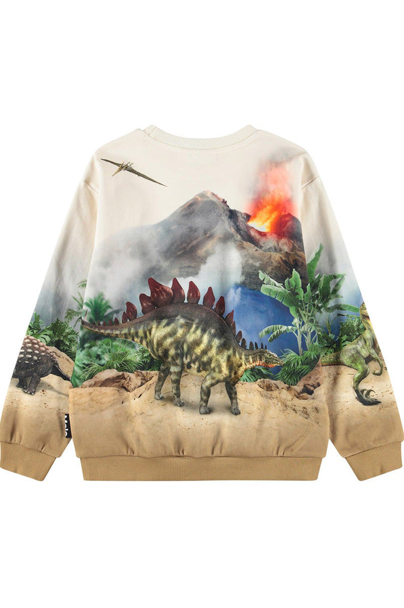 Kids dinosaur graphic sweatshirt, cream back with mountain fire scene and long sleeves