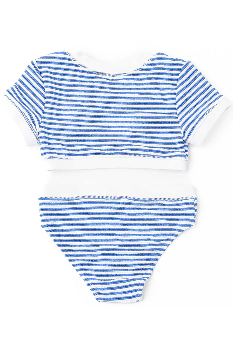 Ribbed striped crop top and matching briefs set, short sleeves, blue-white, elastic waist.