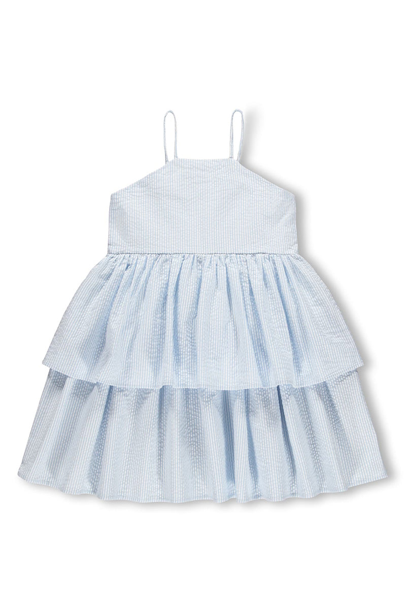 Light blue tiered dress with spaghetti straps and layered ruffle skirt