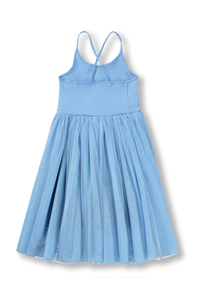 Sky blue sleeveless dress with double straps and pleated tiered tulle skirt