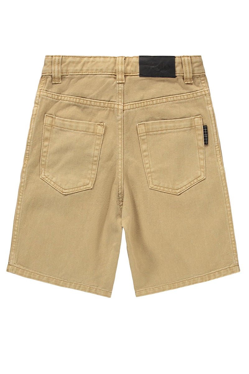 Tan shorts back view with stitched rear pockets and waistband belt loops