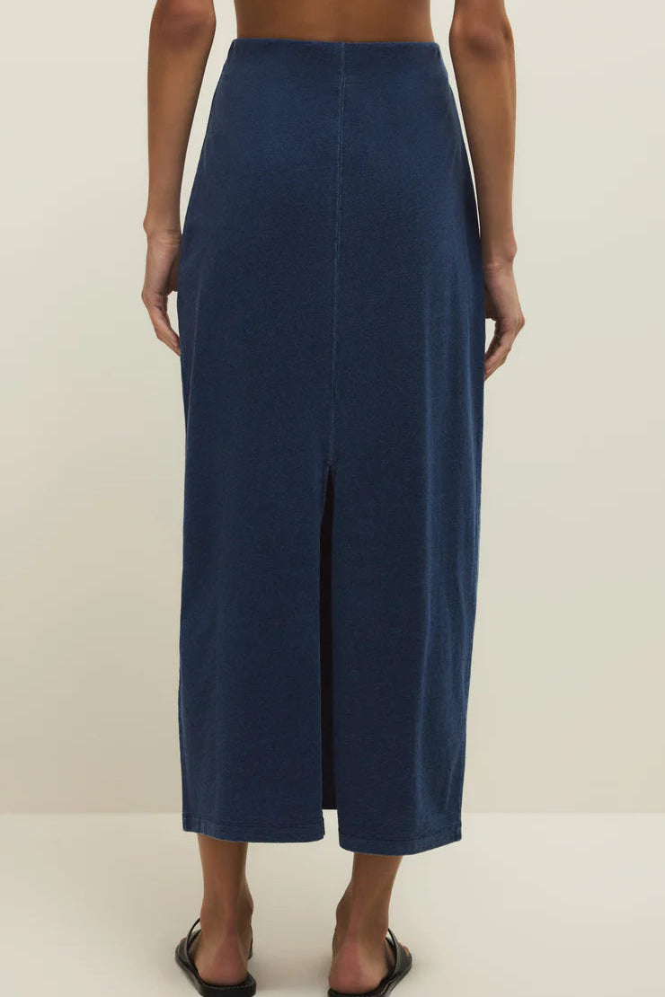 GAIL JERSEY DENIM MIDI SKIRT IN INDIGO BACK VIEW