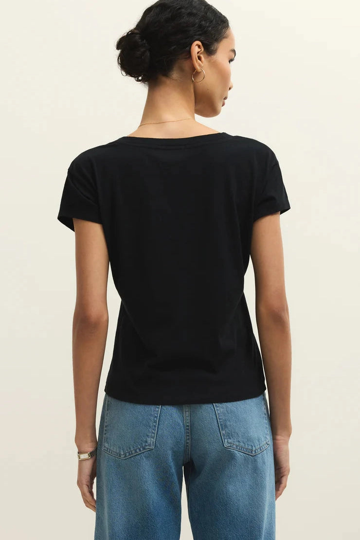 Black short-sleeve T-shirt with crew neckline, back view
