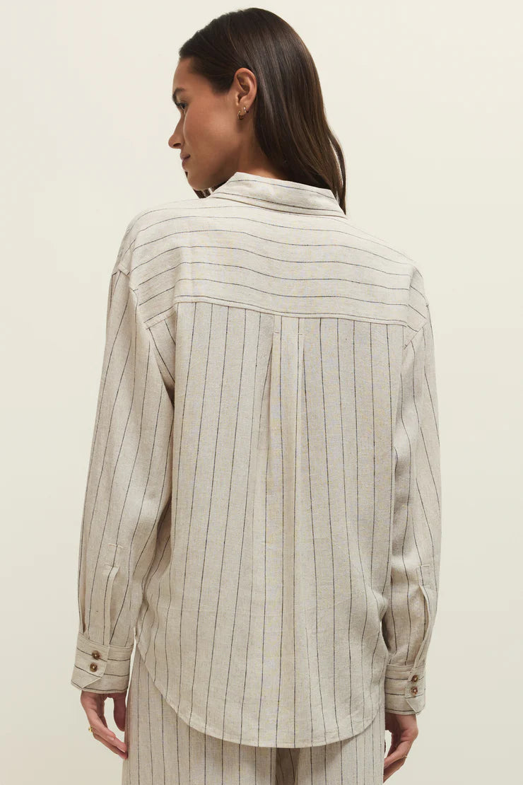ALFIE STRIPED BUTTON UP TOP IN LINEN BACK VIEW