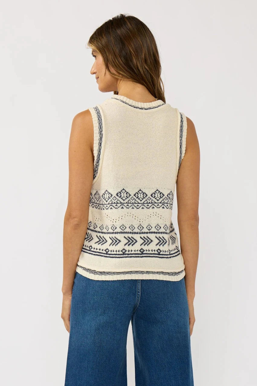 Natural v-neck button-front sweater vest with navy trim and patterned hem, back view