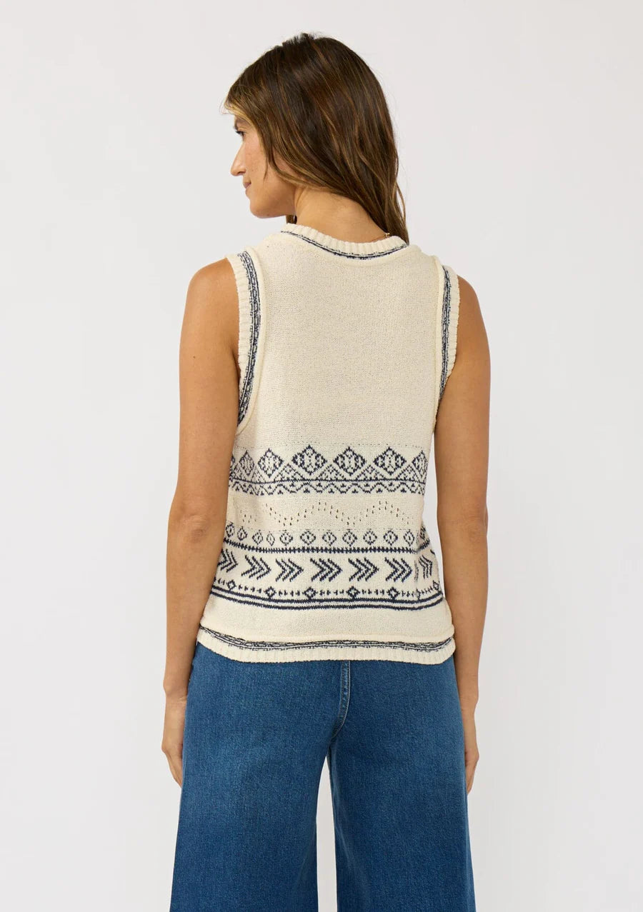 Women's knit sweater vest back with geometric navy pattern and ribbed neckline