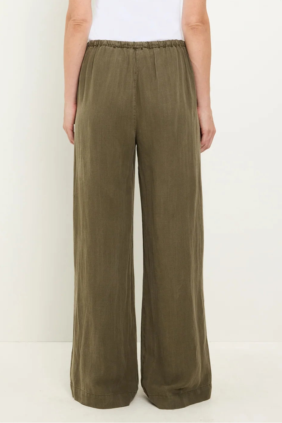 Olive MARISSA drawstring pants, full-length wide legs with elastic back waist