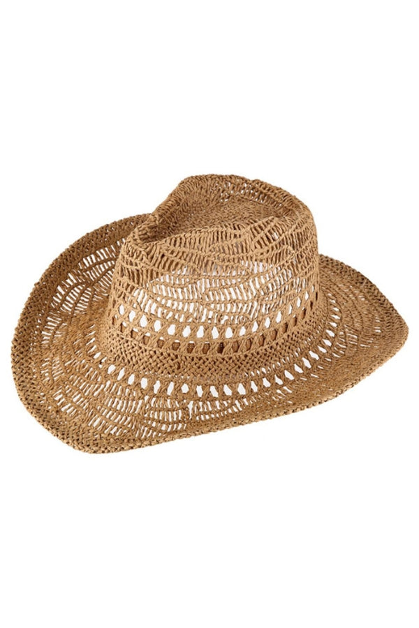 Brown straw cowboy hat with woven band and wide brim