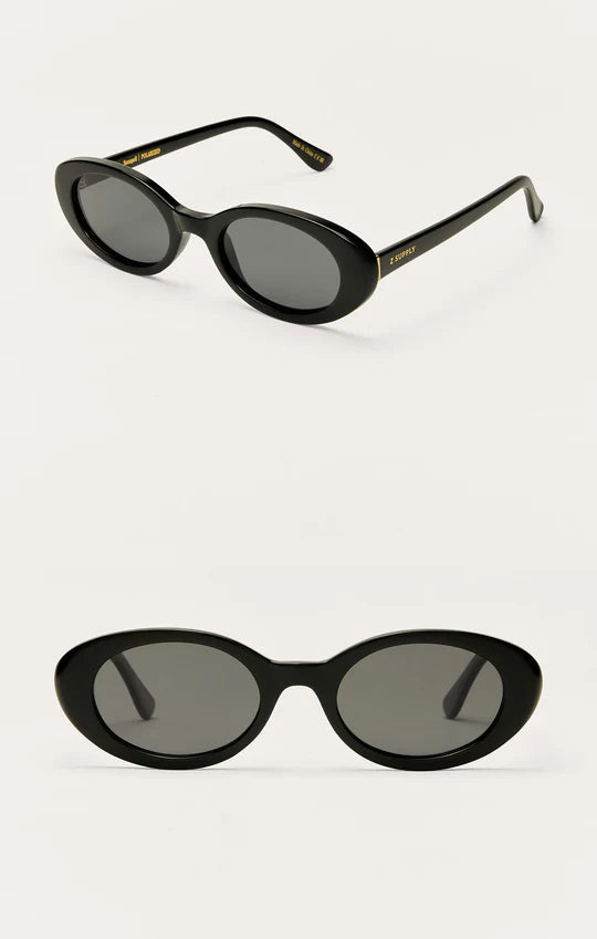 Black oval sunglasses with dark lenses