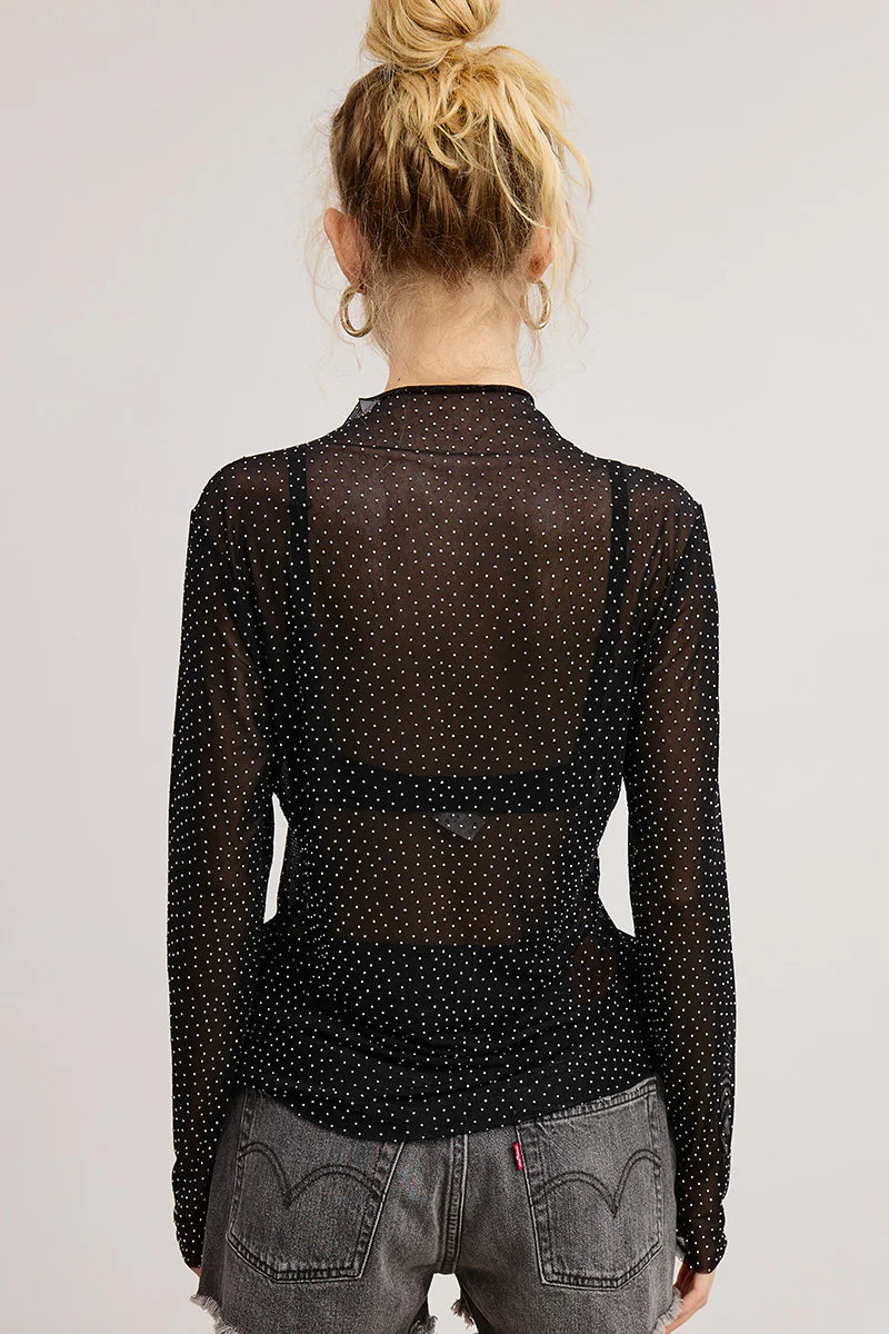LONG SLEEVE RHINESTONE LACE TOP IN BLACK BACK VIEW