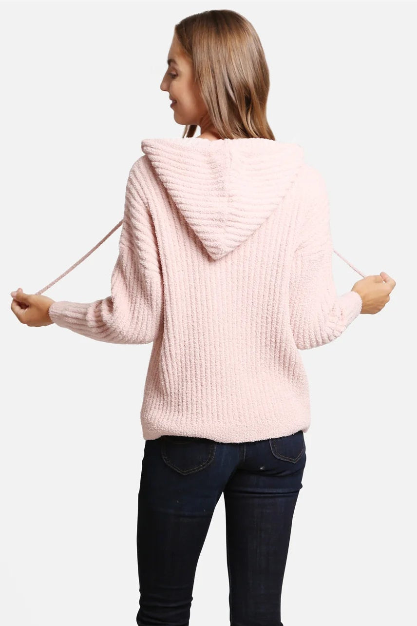 RIBBED SWEATER WITH HOOD IN PINK BACK VIEW
