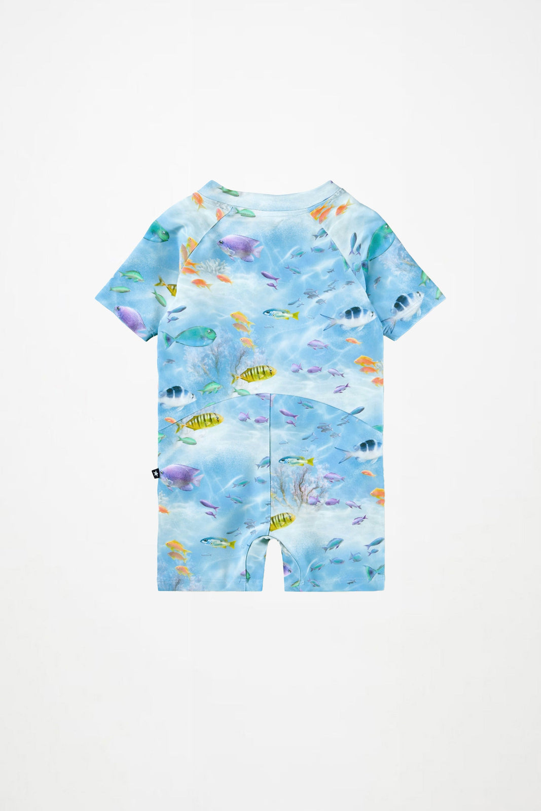 Light blue kids' zipper one-piece swimsuit with colorful fish and coral print, short sleeves.