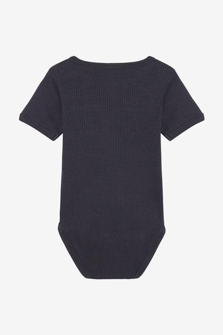 Short sleeve knit rib bodysuit, dark color, back view with crew neck