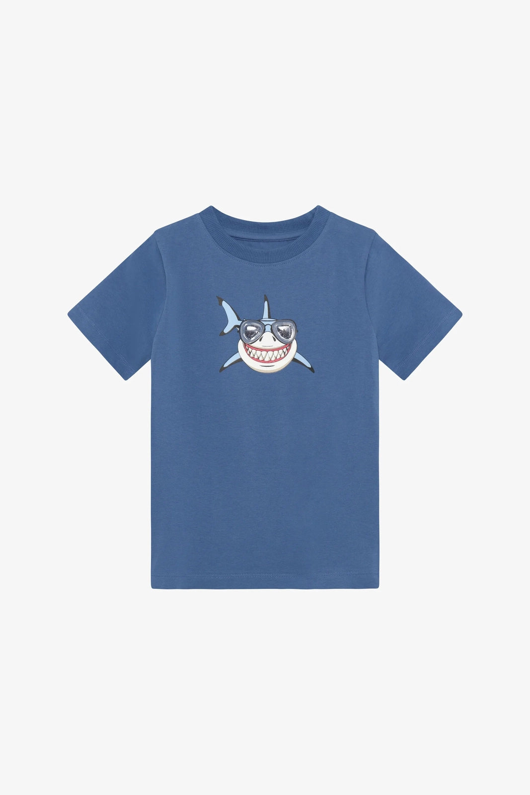 Dutch blue knit short-sleeve shark T-shirt with smiling shark face graphic