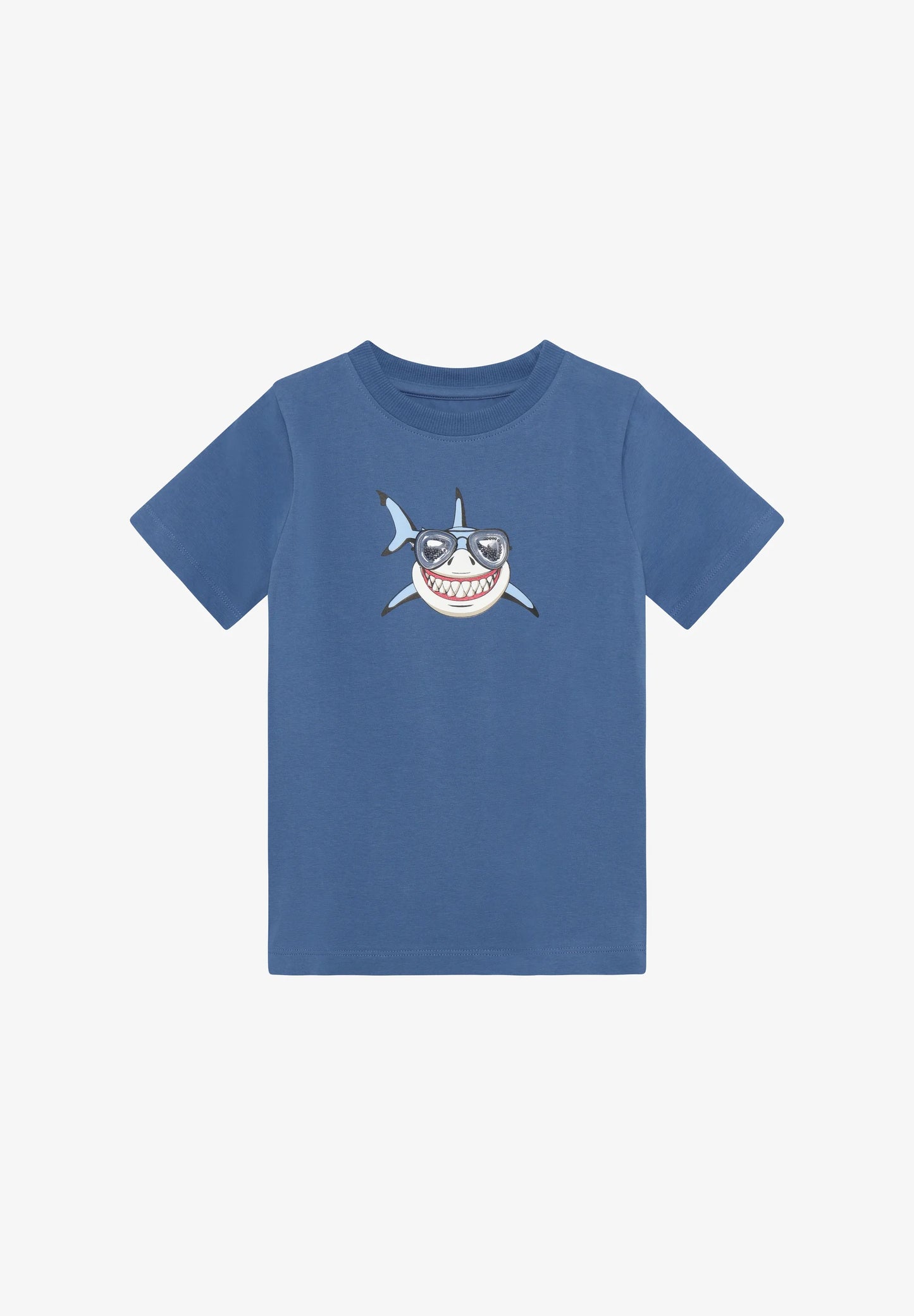 Blue knit short-sleeve T-shirt with shark graphic on chest