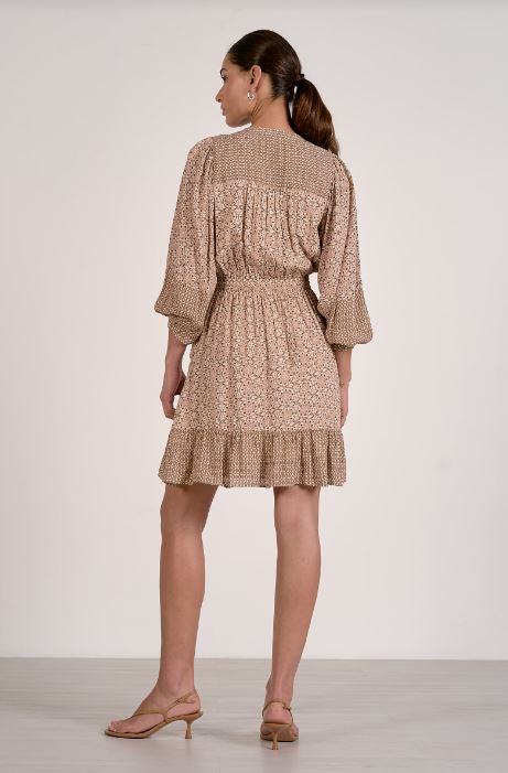 Beige patterned back view long-sleeve button-front mini dress with tiered ruffle skirt