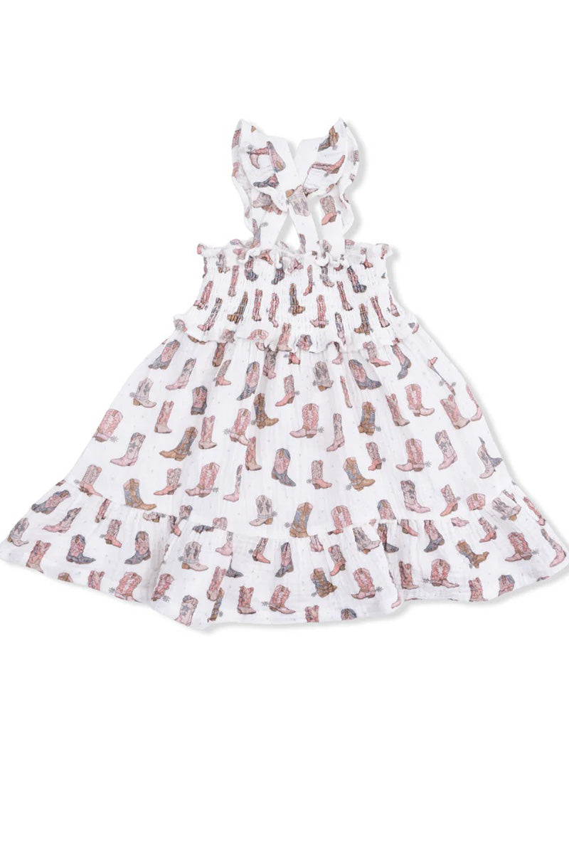 Smocked ruffle sundress with cowboy boot print and flutter straps