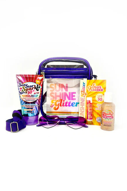 GLAM ON THE GO SPF set (Party Cake): purple bag, SPF 30 lotion, sparkle glitter, shades
