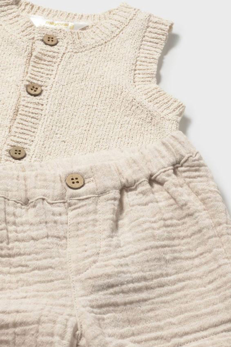 Wheat textured knit vest and shorts with button placket detail