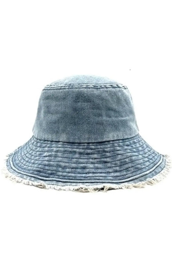 Light blue denim bucket hat with frayed wide brim and stitched crown