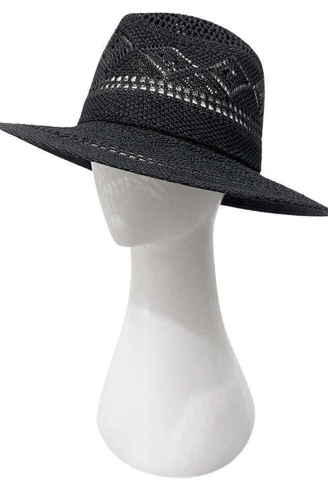 Black woven straw fedora with braided band and wide flat brim