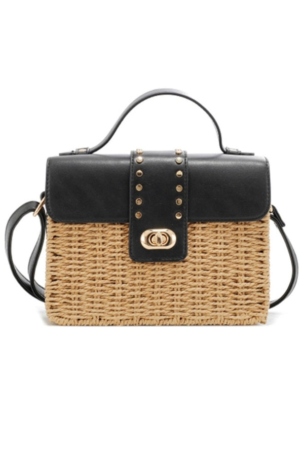 Black top straw handle satchel with twist-lock front and metal studs
